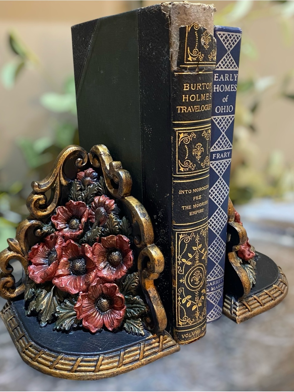Vintage Bookends Baroque Style Floral Poppies Hollywood Regency Gold Detail